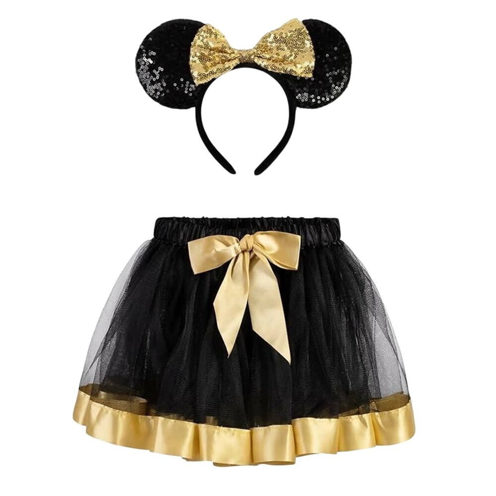 Mouse Costume 5-8 Yrs Black & Gold Tutu with Sequin Mouse Ears Headband